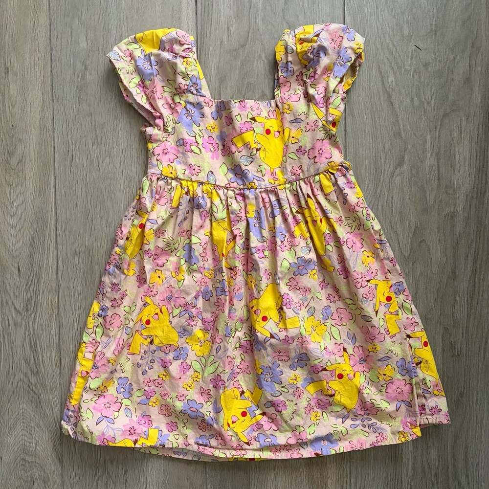 Pokémon Pikachu Girls Dress Size XS 4-5 Pink Floral Print Cap Sleeve